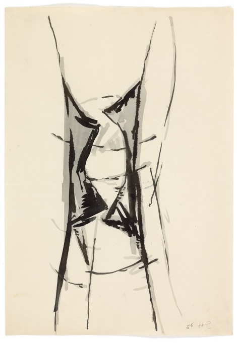 יחיאל שמי, רישום 1956, ציפורן, דיו וצבע מים על נייר, 35